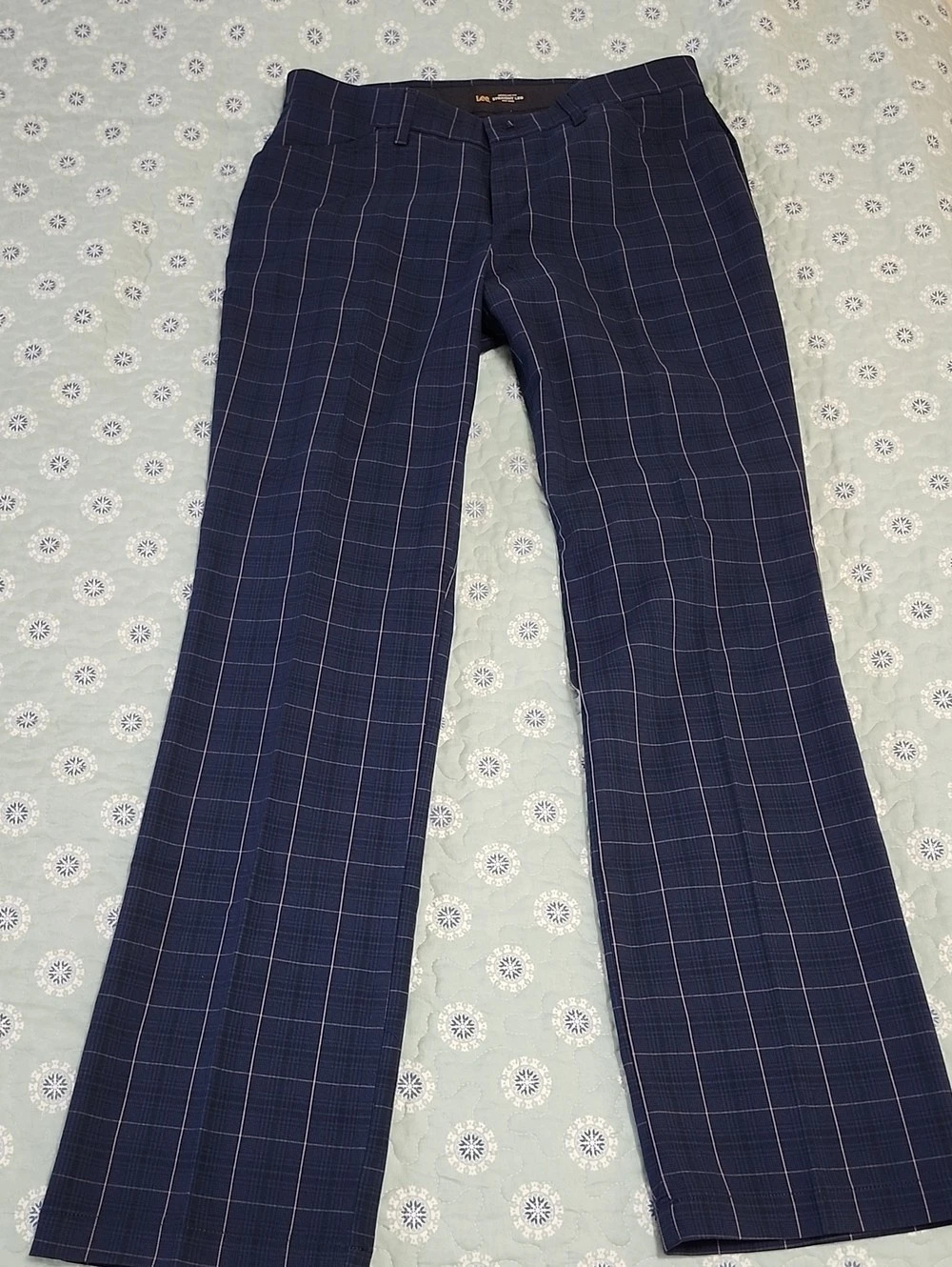 Lee Flex Motion Regular Fit Straight Leg Plaid Trousers Dress Pants Blue Waist